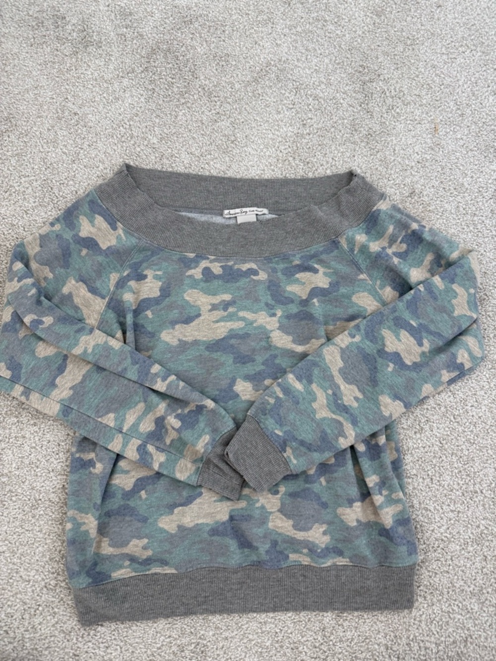 American Rag Green Camo Off-Shoulder Sweater